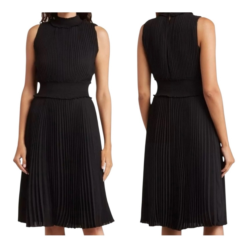 Nanette Lepore Black Accordion High Neck Sleeveless Smock Dress